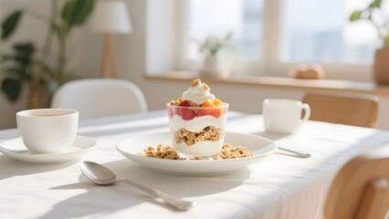 A beautifully arranged breakfast table featuring a layered dessert with fresh fruit and granola, accompanied by cups of coffee.