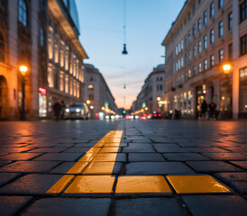 Fototapeta premium Low angle view of cobblestone street with yellow line at dusk