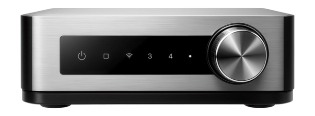 Multi-room streaming amplifier with a brushed aluminum casing and rotary control knob for input selection