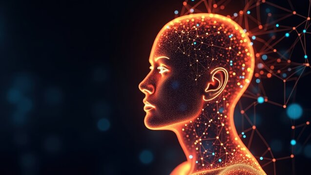 A profile view of a digital human head, rendered in glowing orange and blue light.