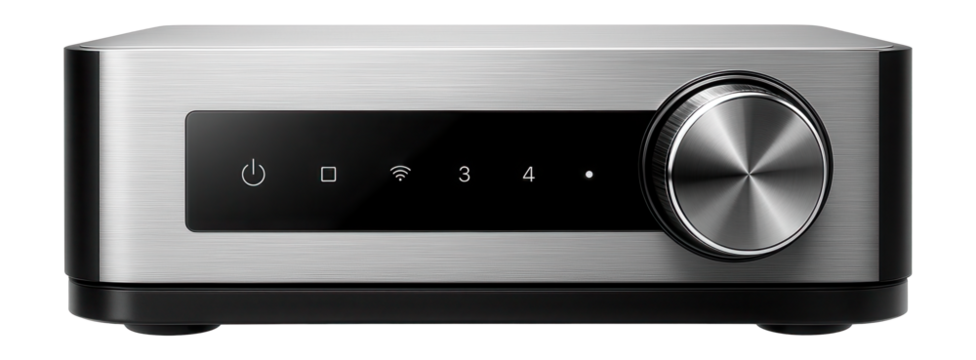 Multi-room streaming amplifier with a brushed aluminum casing and rotary control knob for input selection