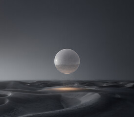 Luminous sphere hovering over dark desert dunes glowing