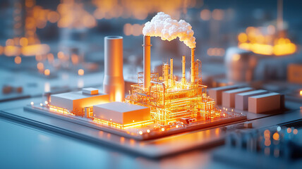 Futuristic biomass energy plant glowing with advanced technology, emitting warm light in modern industrial setting