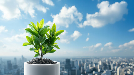 Small green plant in white pot stands against city skyline, symbolizing urban sustainability and growth