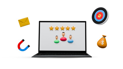 3D Render of Online Targeted Marketing and Lead Generation with Magnet and Coins on White Background
