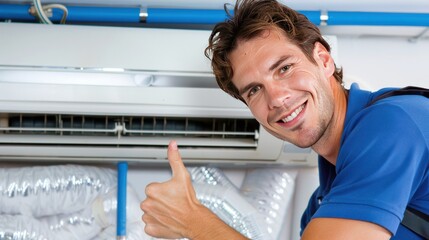 Smiling HVAC Technician Giving Thumbs Up Next to Air Conditioning Unit, Symbolizing Quality Service and Installation