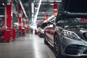 Obraz premium Car repair shop, a gray car with an open hood on the right side of an automotive workshop in a modern style with red pillars, cars standing at their stations for servicing. The background is blurred.