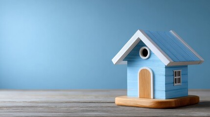 Architectural Model Photography of a Modern Miniature Wooden House with Blue Exterior on a Light Wooden Surface