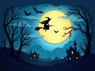 Magical paper cut Halloween scene with village and bats