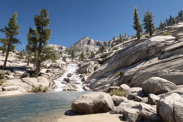 Sunny mountain waterfall cascading into a tranquil pool