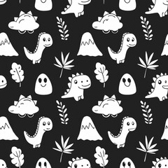 Minimilist seamless pattern with cute dinosaurs clouds mountains and leaves on a dark background for kids design vector
