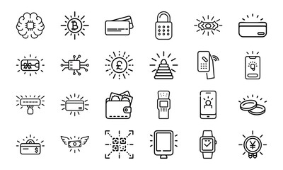 A Comprehensive Set of 24 Finance and Technology Line Icons Featuring Cryptocurrency, Banking, Security, Mobile Payments, and Digital Wallets