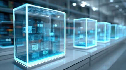 Futuristic Quantum Computing Modules with Transparent Cryogenic Enclosures in a High-Tech Laboratory Environment