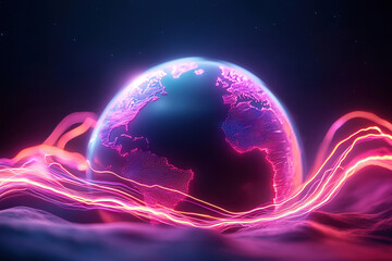 Glowing digital globe with neon waves symbolizes global connectivity and energy
