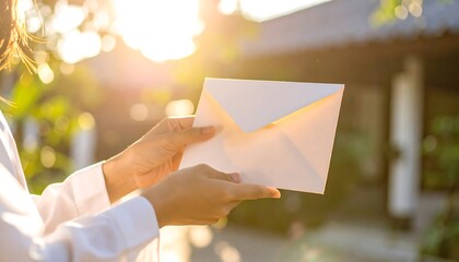Person holding a white envelope outdoors in sunlight
