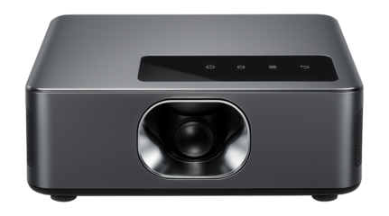 Ultra-short throw projector with a metallic finish and touch-sensitive controls for interactive classrooms