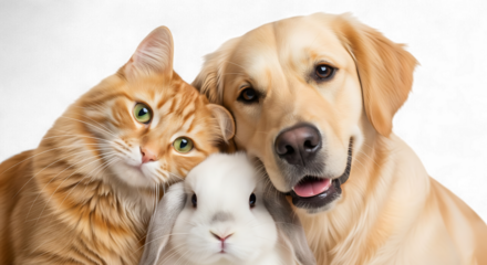 A ginger cat, a white rabbit, and a golden retriever dog are friends together, isolated on transparent background