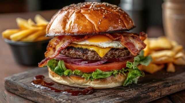 Aussie Burger with Crispy Chips - Gourmet beef burger patty, grilled bacon rasher, tomato, beetroot, green oak lettuce, fried egg, grilled pineapple, Spanish onion and tasty cheese with BBQ sauce