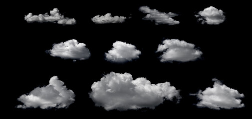 Clouds set isolated on black background. White cloudiness, mist or smog background.