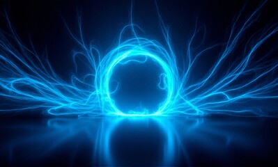 An ethereal blue portal emanates powerful energy, casting a vibrant glow upon a reflective surface.