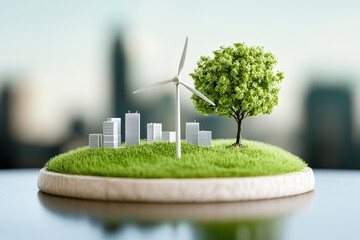 Miniature green energy model with wind turbine, tree, and buildings on grass symbolizes sustainable urban development