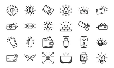 A Comprehensive Set of 24 Finance and Technology Line Icons Featuring Cryptocurrency, Banking, Security, Mobile Payments, and Digital Wallets
