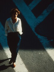 Person walking across a city street in dramatic lighting, creating a mood of introspection and solitude.