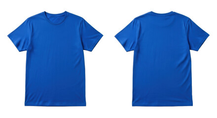 Brand new royal blue short-sleeved cotton t-shirt, front and back views laid flat on a transparent seamless studio background with copy space, shadowless, concept for e-commerce product display