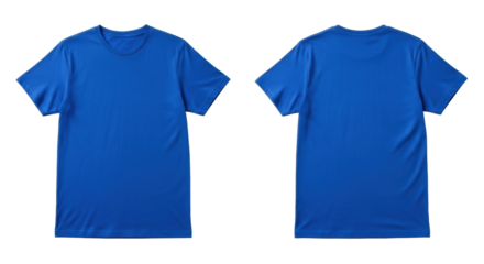 Brand new royal blue short-sleeved cotton t-shirt, front and back views laid flat on a transparent seamless studio background with copy space, shadowless, concept for e-commerce product display