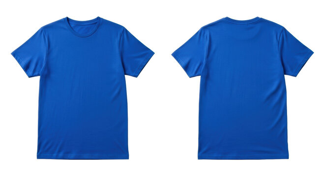 Brand new royal blue short-sleeved cotton t-shirt, front and back views laid flat on a transparent seamless studio background with copy space, shadowless, concept for e-commerce product display