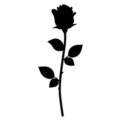 Elegant silhouette of a single rose, with stem and leaves, minimalist design