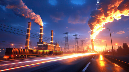 Vibrant industrial scene with power plants and energy networks at dusk, showcasing advanced biomass technology