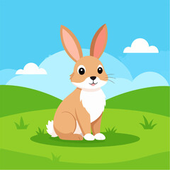 Fototapeta premium Cute cartoon rabbit sitting in a green field under a blue sky, whimsical illustration perfect for children's books or spring-themed designs.