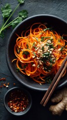 A vibrant spiralized carrot salad topped with crushed peanuts and fresh herbs, perfect for a healthy and refreshing meal.