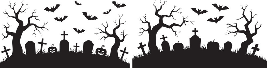 Collection of Graveyard Halloween Scene Silhouette with Tombstones Bats Trees and Pumpkins