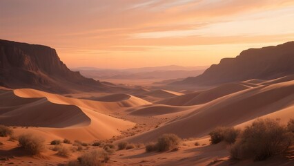 Golden Sunset Over Sand Dunes and Rock Formations