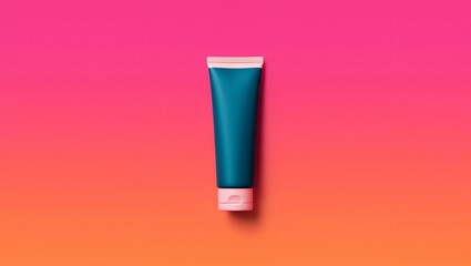 Glossy Dark Teal Tube Mockup on Mirrored Acrylic with Pink Orange Gradient Background photo