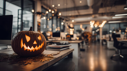 A festive Halloween-themed office with a carved pumpkin jack-o'-lantern glowing brightly on a desk amidst modern interiors and the seasonal decor around