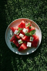 Refreshing watermelon and feta salad garnished with mint, served on a plate outdoors on a sunny grassy background.