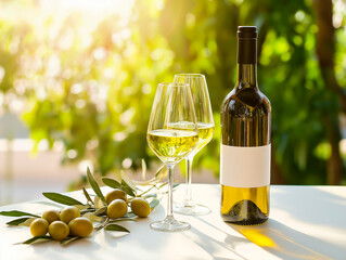 A glass bottle of white wine with two glasses and green olives on a white table in the garden.