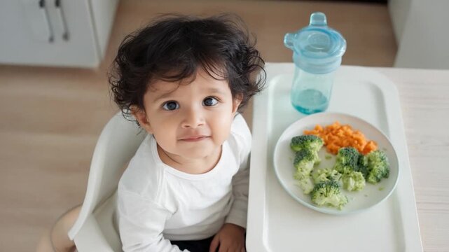 Baby's First Feast: A close-up capture of an adorable infant sits in a high chair, poised to enjoy a nutritious meal of fresh broccoli and carrots, a sippy cup by their side. 
