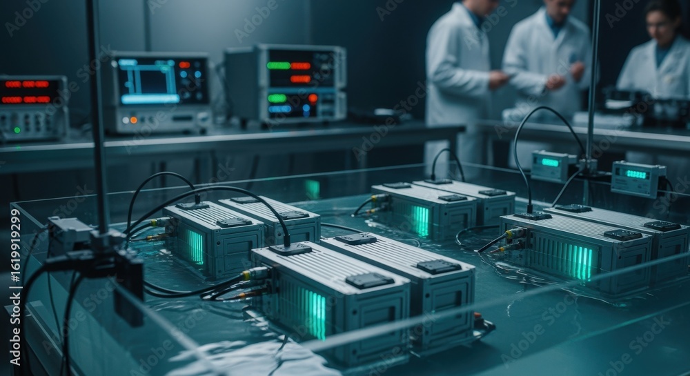 Poster laboratory environment showing immersioncooled battery packs in a test basin demonstrating innovativ