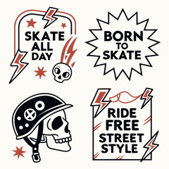 Minimilist collection of skateboarding themed graphics featuring skulls lightning bolts and skate related text art vector