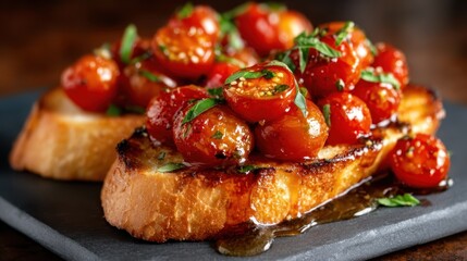 A tempting plate of bruschetta topped with vibrant cherry tomatoes and herbs, embodying the essence of Italian cuisine and the allure of fresh ingredients.