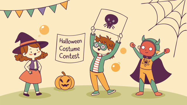 Excited children participate in a fun halloween costume contest featuring a witch a spider themed character and a devil like figure