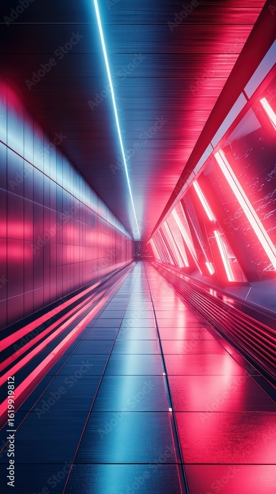 Poster futuristic corridor illuminated with vibrant neon lights casting a dynamic reflection pattern