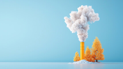 Vibrant scene with yellow chimney emitting white smoke surrounded by orange trees against blue background