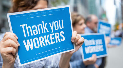 Public Holding Thank You Workers Signs in Heartfelt Tribute for Labor Day Appreciation Event