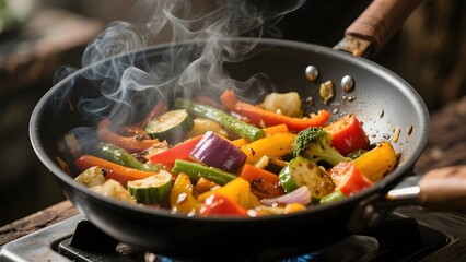 Sizzling Vegetables in a Frying Pan on a Stove