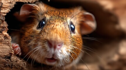 A cute guinea pig curiously peeking out from a cozy wooden tunnel, showcasing its adorable features and charming personality amidst a natural setting.